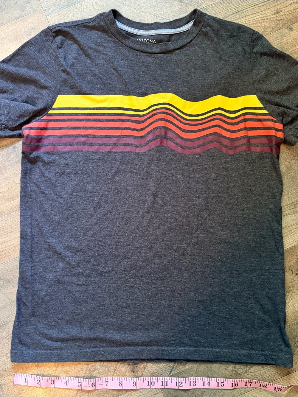 Arizona Jean Company Boys Gray Tee with Yellow and Red Stripe Design